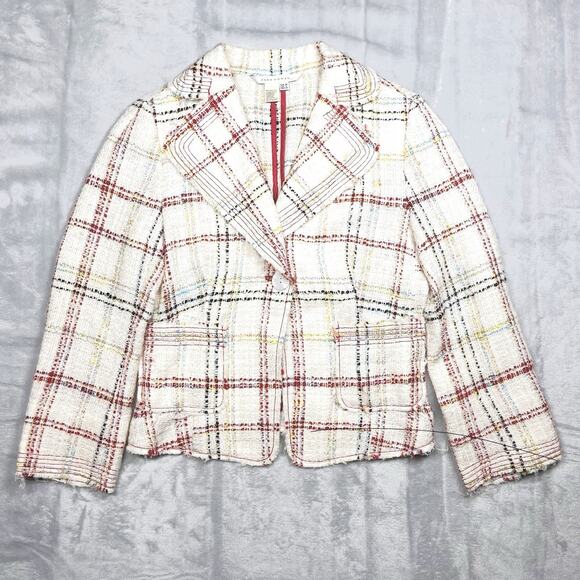 Zara Jackets & Blazers - Zara Cream Red Plaid Boucle Cropped Tweed Blazer Jacket Sz 6 Deconstructed Chic